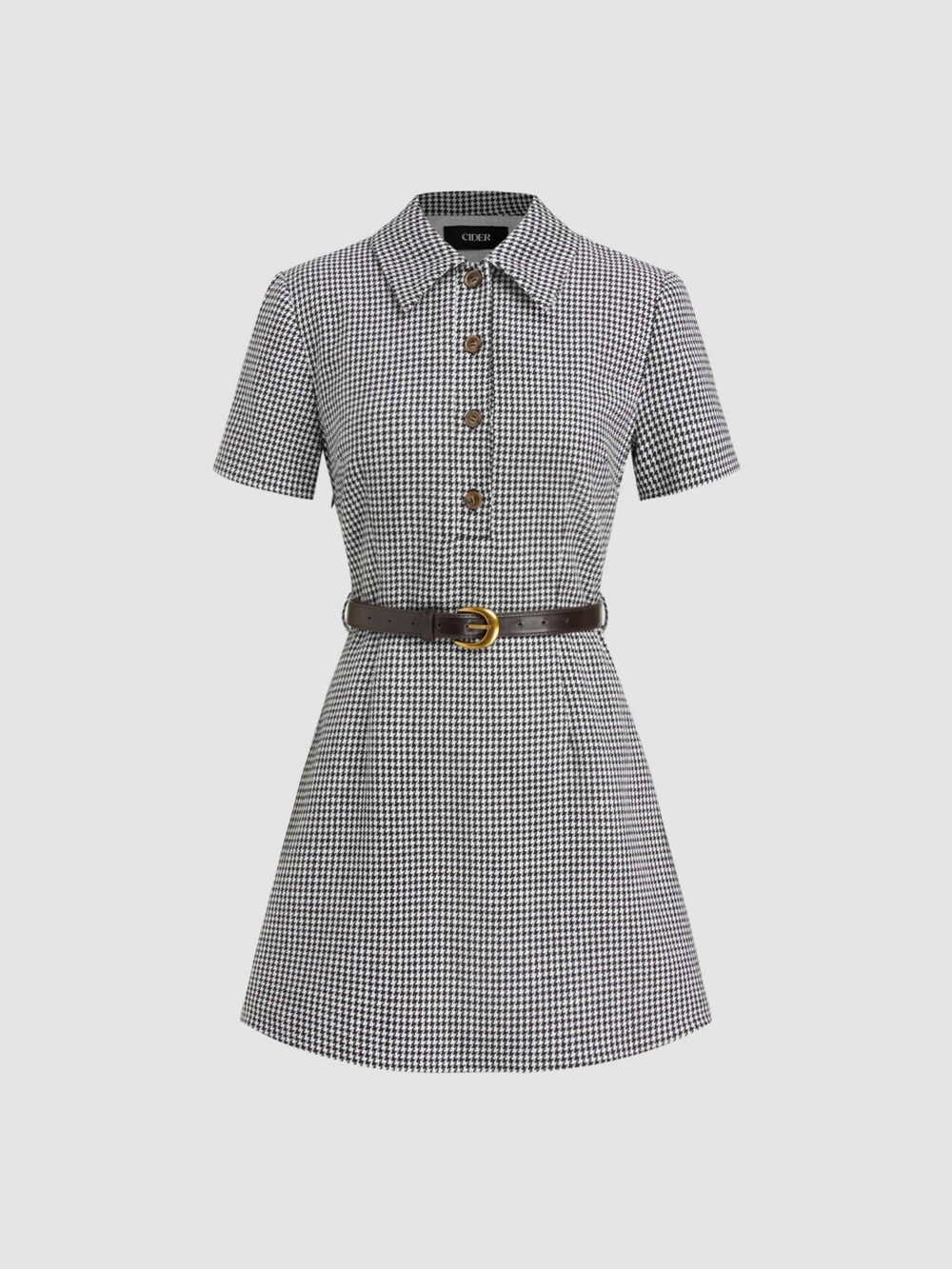 Cider Black & White Houndstooth Collared Mini Shirt Dress